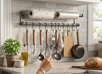Stainless Steel Wall-Mounted Kitchen Organizer with Hooks, Silver - SABER Center