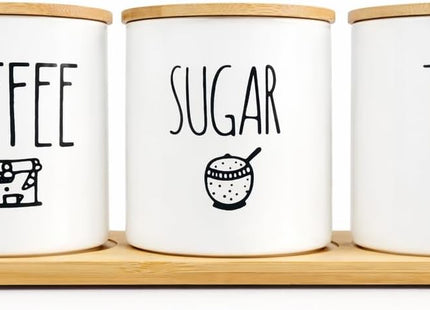 3-Piece Porcelain Tea, Coffee & Sugar Jar Set with Wooden Tray, White - SABER Center