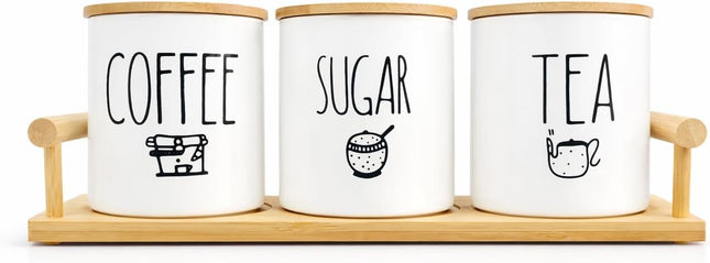 3-Piece Porcelain Tea, Coffee & Sugar Jar Set with Wooden Tray, White - SABER Center
