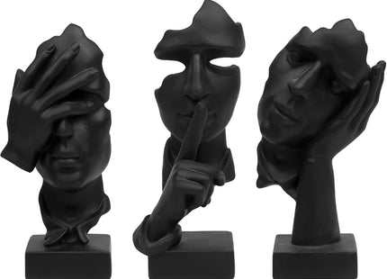 3-Piece Thinker Statue Set, See/Hear/Speak-No-Evil Resin Figurines, Black - SABER Center
