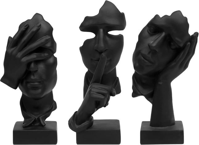 3-Piece Thinker Statue Set, See/Hear/Speak-No-Evil Resin Figurines, Black - SABER Center
