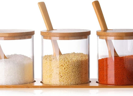Glass Spice Jar Set of 3, 320ml – Bamboo Lids, Spoons & Base - SABER Center