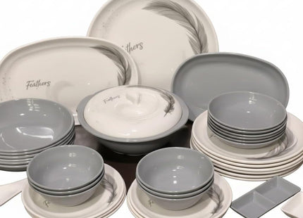 Melamine Plates & Bowls Set, 38-Piece, Gray & White, Microwave Safe - SABER Center