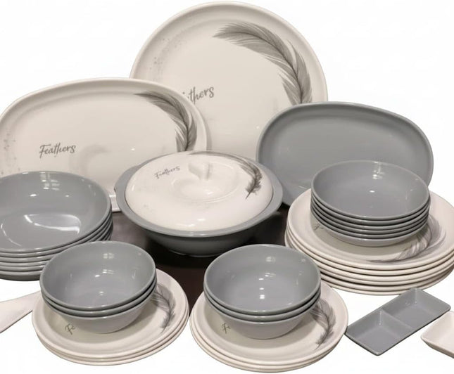 Melamine Plates & Bowls Set, 38-Piece, Gray & White, Microwave Safe - SABER Center