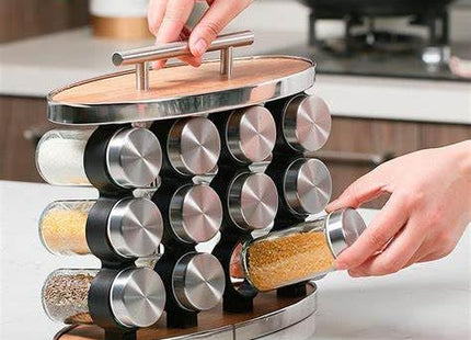 16-Piece Spice Jar Set with Rotating Stand, Glass with Steel Lids - SABER Center