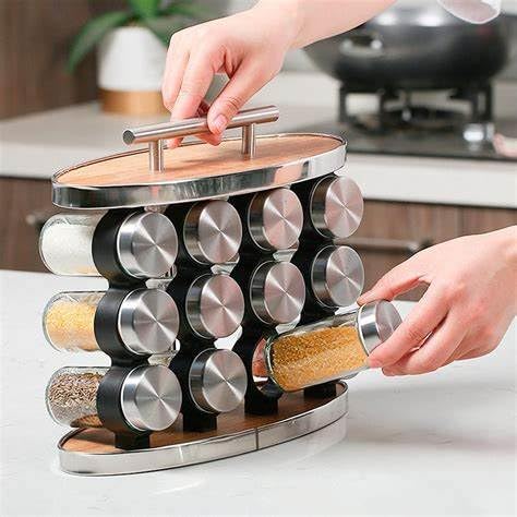 16-Piece Spice Jar Set with Rotating Stand, Glass with Steel Lids - SABER Center