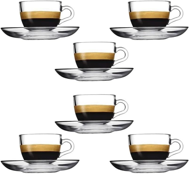 Pasabahce Basic Espresso & Coffee Cup Set, 12-Piece (6 Cups 85ml + 6 Saucers) - SABER Center