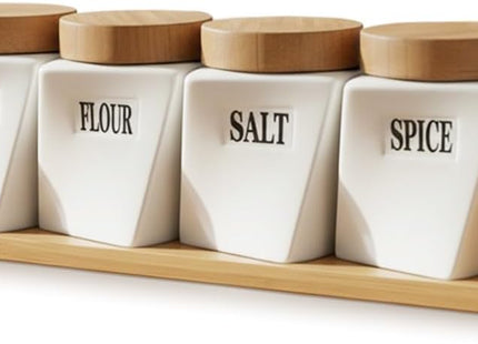 Ceramic Canister Set of 4 with Bamboo Lids, Airtight Kitchen Storage - SABER Center