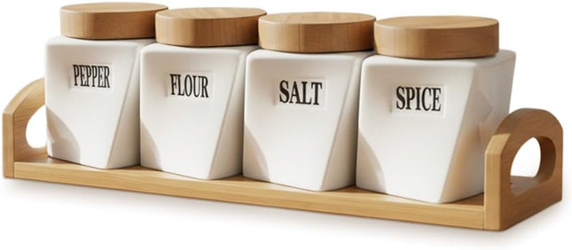 Ceramic Canister Set of 4 with Bamboo Lids, Airtight Kitchen Storage - SABER Center
