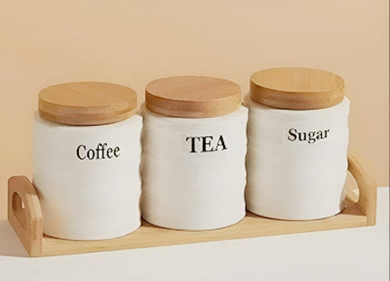 Porcelain 3-Piece Spice Jar Set with Wooden Lids, Airtight - SABER Center