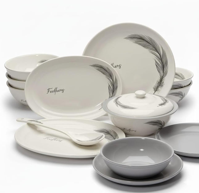 Melamine Plates & Bowls Set, 38-Piece, Gray & White, Microwave Safe - SABER Center