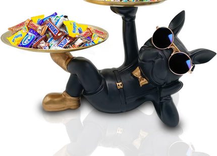 Huhote Bulldog Tray Statue with Candy Dish & Key Holder, Resin, Black - SABER Center