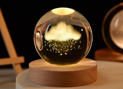 Desidiya 3D Cloud & Rain Crystal Ball Night Lamp, Wooden Base, Warm White - SABER Center