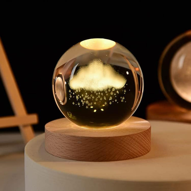 Desidiya 3D Cloud & Rain Crystal Ball Night Lamp, Wooden Base, Warm White - SABER Center