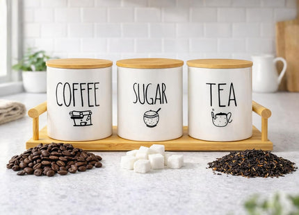 3-Piece Porcelain Tea, Coffee & Sugar Jar Set with Wooden Tray, White - SABER Center