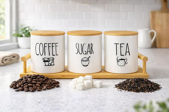 3-Piece Porcelain Tea, Coffee & Sugar Jar Set with Wooden Tray, White - SABER Center