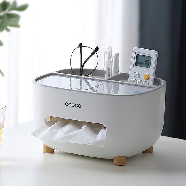 Tissue Box Cover with Storage Organizer, Gray/White - SABER Center