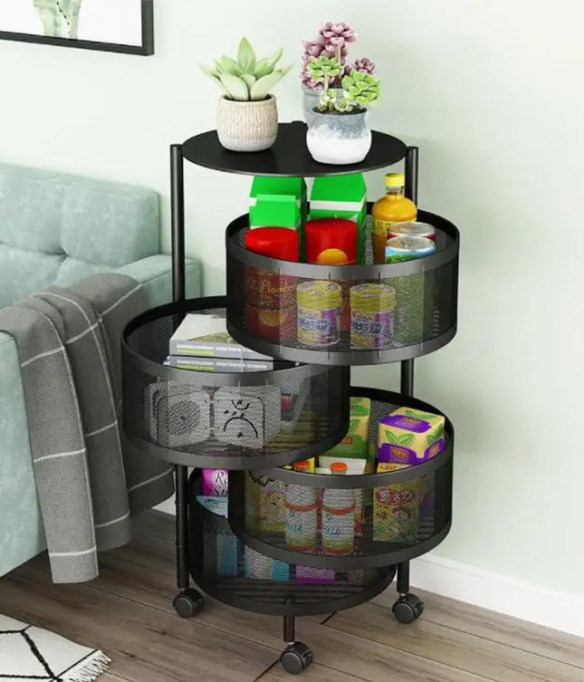 4-Tier Rotating Fruit & Vegetable Kitchen Organizer with Wheels, Black - SABER Center