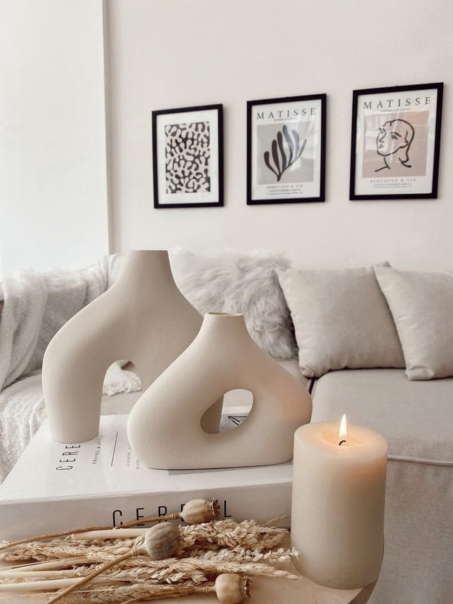 Beijos Handmade Ceramic Vase Set of 2, Abstract Sculptural, Beige - SABER Center