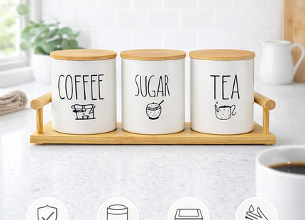3-Piece Porcelain Tea, Coffee & Sugar Jar Set with Wooden Tray, White - SABER Center