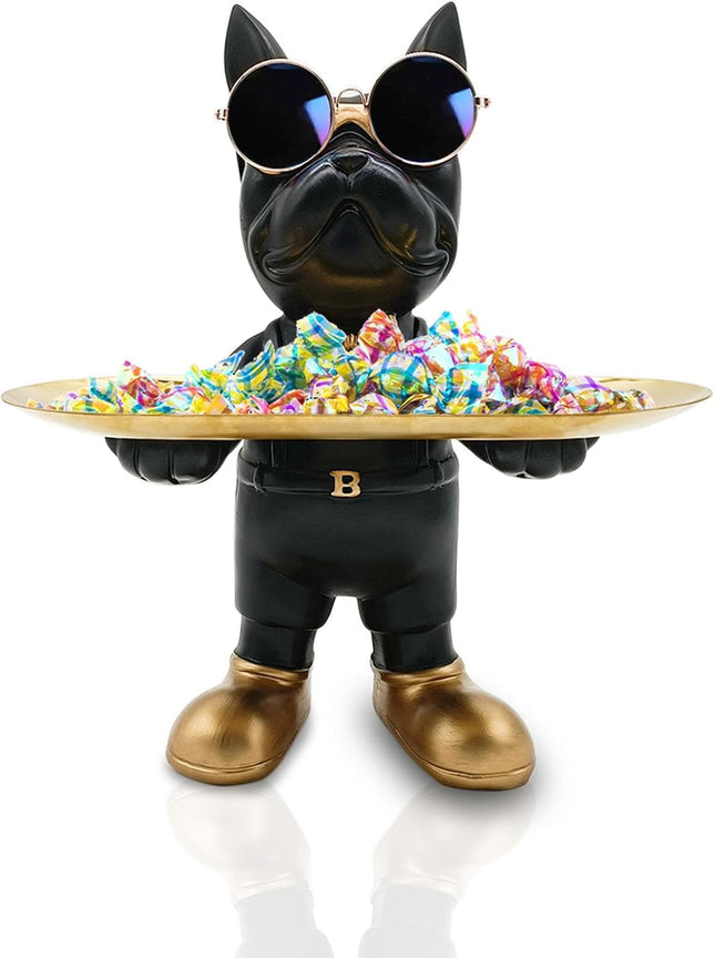 Huhote Bulldog Tray Statue with Candy Dish & Key Holder, Resin, Black - SABER Center