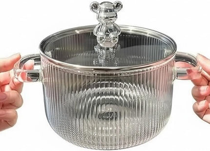 Ribbed Glass Cooking Pot with Gold Bear Lid & Side Handles, Heat-Resistant - SABER Center