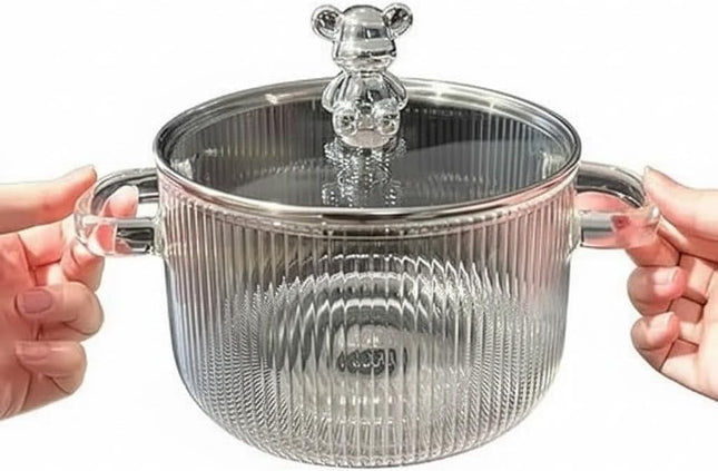 Ribbed Glass Cooking Pot with Gold Bear Lid & Side Handles, Heat-Resistant - SABER Center