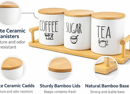 3-Piece Porcelain Tea, Coffee & Sugar Jar Set with Wooden Tray, White - SABER Center