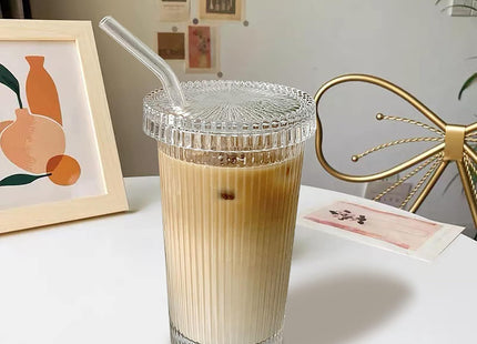 YAHUIPEIUS Striped Glass Tumbler with Lid & Straw - SABER Center