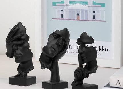 3-Piece Thinker Statue Set, See/Hear/Speak-No-Evil Resin Figurines, Black - SABER Center