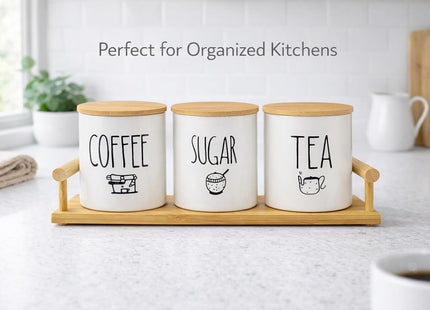3-Piece Porcelain Tea, Coffee & Sugar Jar Set with Wooden Tray, White - SABER Center