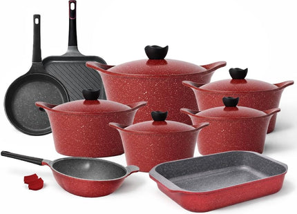 Glory Lux Non-Stick Granite Cookware Set, 16 Pieces, Red - SABER Center