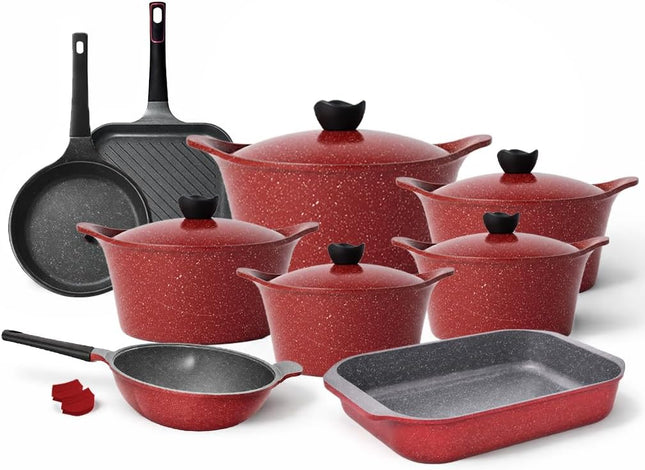 Glory Lux Non-Stick Granite Cookware Set, 16 Pieces, Red - SABER Center