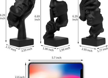 3-Piece Thinker Statue Set, See/Hear/Speak-No-Evil Resin Figurines, Black - SABER Center