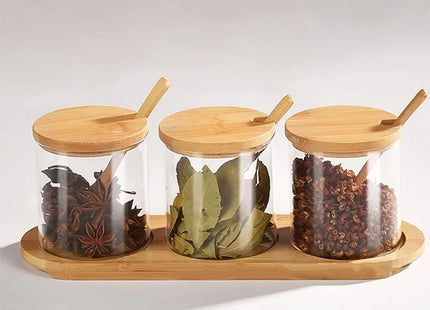 Glass Spice Jar Set of 3, 320ml – Bamboo Lids, Spoons & Base - SABER Center