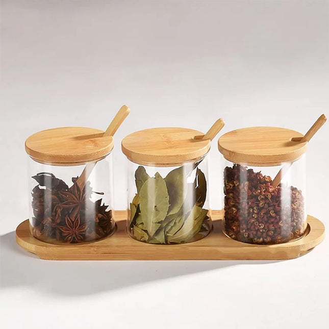 Glass Spice Jar Set of 3, 320ml – Bamboo Lids, Spoons & Base - SABER Center