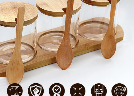 Glass Spice Jar Set of 3, 320ml – Bamboo Lids, Spoons & Base - SABER Center