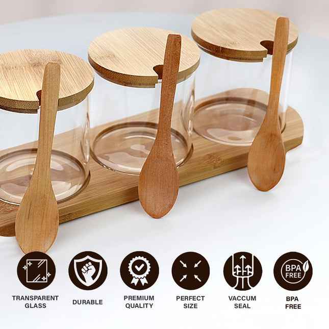 Glass Spice Jar Set of 3, 320ml – Bamboo Lids, Spoons & Base - SABER Center