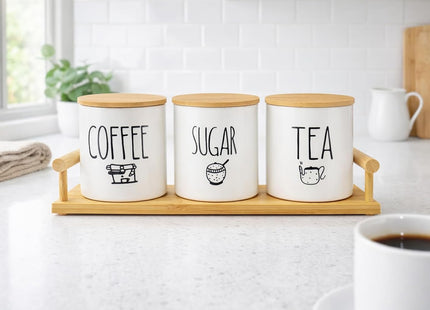 3-Piece Porcelain Tea, Coffee & Sugar Jar Set with Wooden Tray, White - SABER Center