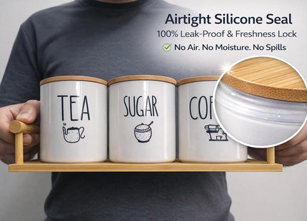 3-Piece Porcelain Tea, Coffee & Sugar Jar Set with Wooden Tray, White - SABER Center