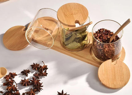 Glass Spice Jar Set of 3, 320ml – Bamboo Lids, Spoons & Base - SABER Center