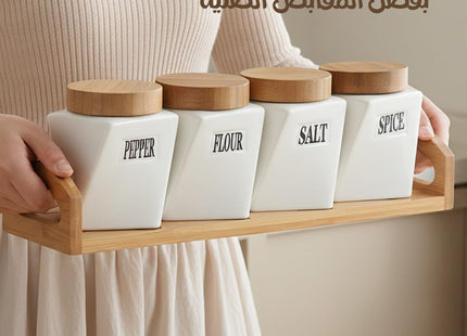 Ceramic Canister Set of 4 with Bamboo Lids, Airtight Kitchen Storage - SABER Center