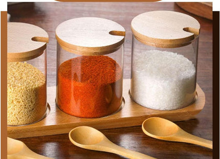 Glass Spice Jar Set of 3, 320ml – Bamboo Lids, Spoons & Base - SABER Center