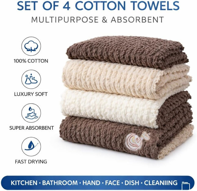 Cotton Kitchen & Bath Towel Set of 4, Absorbent, 30x30cm - SABER Center