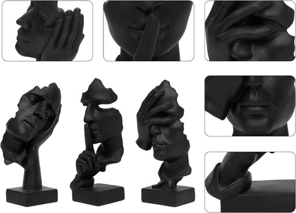 3-Piece Thinker Statue Set, See/Hear/Speak-No-Evil Resin Figurines, Black - SABER Center