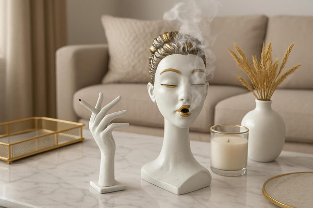 Elegant Lady Incense Burner Sculpture, White/Gold - SABER Center