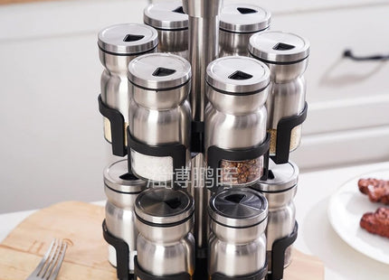 Stainless Steel Revolving Spice Rack with 16 Jars, 360° Rotating - SABER Center