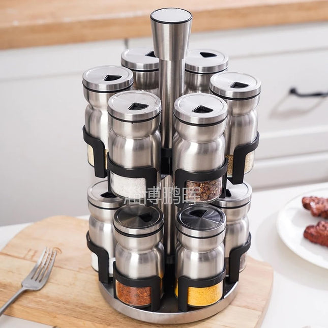 Stainless Steel Revolving Spice Rack with 16 Jars, 360° Rotating - SABER Center