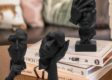 3-Piece Thinker Statue Set, See/Hear/Speak-No-Evil Resin Figurines, Black - SABER Center