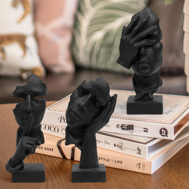3-Piece Thinker Statue Set, See/Hear/Speak-No-Evil Resin Figurines, Black - SABER Center